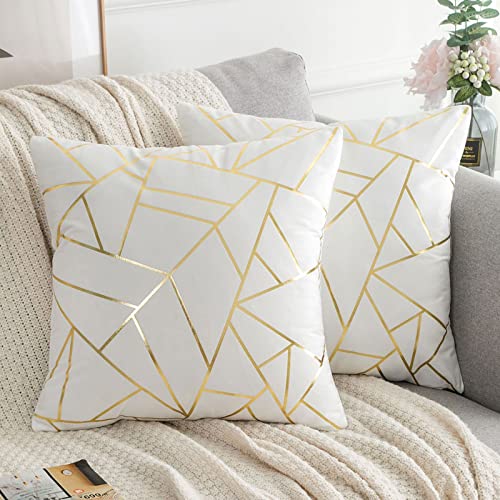 ETOLISHOP Weißes Kissen Samt Sofa Kissenbezug GoldStreifen Dekorativer Wurf Kissenbezug 2 Pack 40cm x 40cm Moderne Kissenbezüge von ETOLISHOP