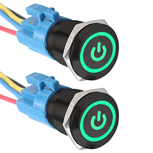 ETOPARS 2 X Schwarzes 19mm Kippschalter 12V 5A Grün Licht Metall Schalter Druckknopf Auto Wippschalter Steckdose Stecker Draht Selbstsichernd Wasserdicht 5Pin von ETOPARS