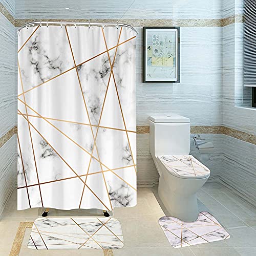 ETOPARS Marmor Textur Badezimmer Duschvorhang Teppich Set 4-teilige weiche und rutschfeste Badematte, U-förmiger Kontur Teppich, Toilettendeckelabdeckung 72 x 72 Zoll Vorhang von ETOPARS