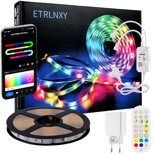 WiFi LED Strip 5m, RGBIC LEDs Streifen Musik Sync, Segmentcontrol Farbwechsel LED Band, WS2812B LEDs Lichtband mit APP und Fernbedienung, Strip Lights Funktioniert mit Alexa und Google Assistant von ETRLNXY