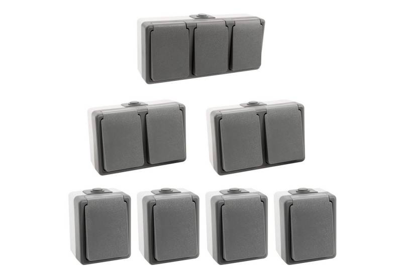 ETT Marketing GmbH Aufputz-Steckdose Secure Feuchtraum Steckdosen Set 7tlg. IP44 horizontal 1-fach 2-fach, 7-St. von ETT Marketing GmbH