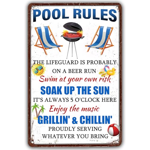 Metall-Blechschild "Pool Rules" "The Lifeguard is probably on a Beer Run Swim at Your Own Risk", Vintage-Pool-Dekor, Blechposter für Pool, Strand, Garage, Fernebar, Pub, Geschenke, Männerhöhle, 30,5 x von ETTAHHAS