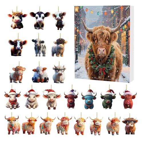 ETUCYNG Advent Countdown Kalender Highland Cow 24 Tage | Urlaub Countdown Kalender Advent 2D Acryl Highland Cow Ornamente | Rinder Ornamente für Fenster Auto Rückspiegel Wand Tür Weihnachtsbaum von ETUCYNG