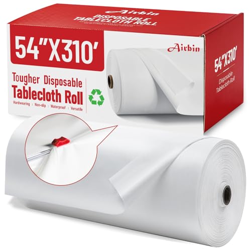 Kunststoff-Tischdecke, 94m x 1,37m Einweg-Tischdecke weiß Kunststoff-Tischdecke mit beliebigen Schnitt Schiebe-Schneider Premium-Tischdecke Rolle für Picknicks, Partys, Geburtstage, Hochzeiten von EU-AIRBIN