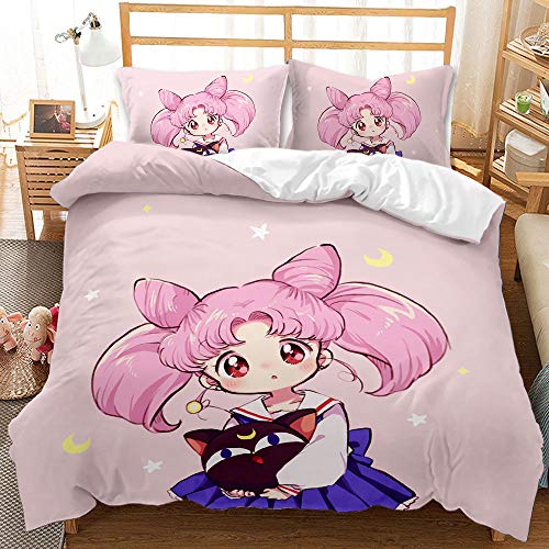 Bettwäsche Sailor Moon Pink Bettbezug-Set 140 X 200 cm Bettwäsche-Set 3 Stück Mikrofaser-Bettbezüge Mit Reißverschluss Und 2 Kissenbezüge 80 X 80 cm (Einzel (135x200cm),Stil 01) von EU-VV