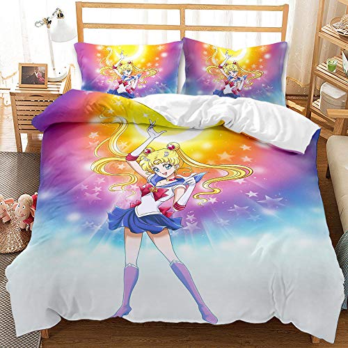 Bettwäsche Sailor Moon Pink Bettbezug-Set 140 X 200 cm Bettwäsche-Set 3 Stück Mikrofaser-Bettbezüge Mit Reißverschluss Und 2 Kissenbezüge 80 X 80 cm (Einzel (135x200cm),Stil 02) von EU-VV