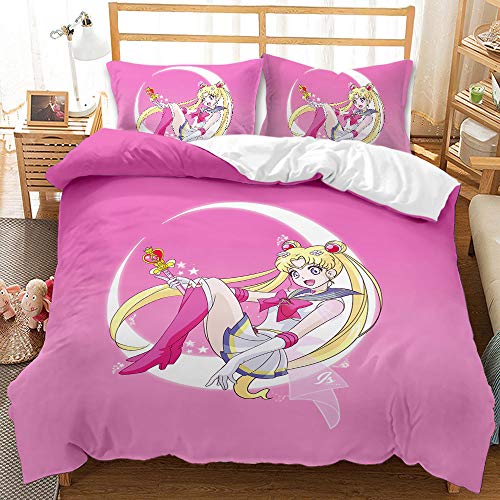 Bettwäsche Sailor Moon Pink Bettbezug-Set 140 X 200 cm Bettwäsche-Set 3 Stück Mikrofaser-Bettbezüge Mit Reißverschluss Und 2 Kissenbezüge 80 X 80 cm (Einzel (135x200cm),Stil 03) von EU-VV