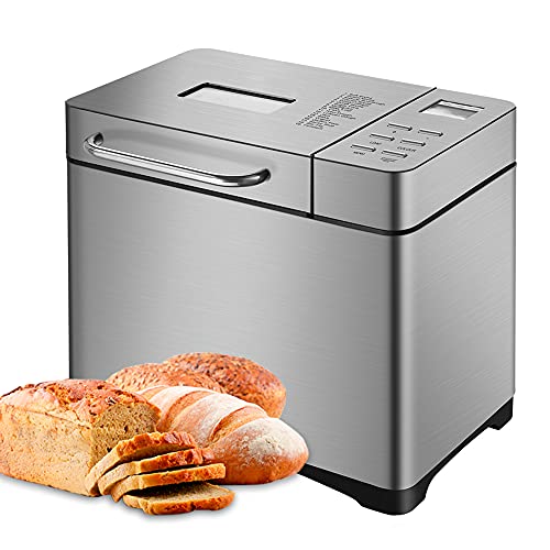 Brotbackautomat mit Timer und Automatische Warmhaltefunktion Edelstahl Brotbackmaschine 19 Backprogramme, 3 Brotgrößen und 3 Backfarben Zur Herstellung von Kuchen Marmeladen Teig von EUAIIPull