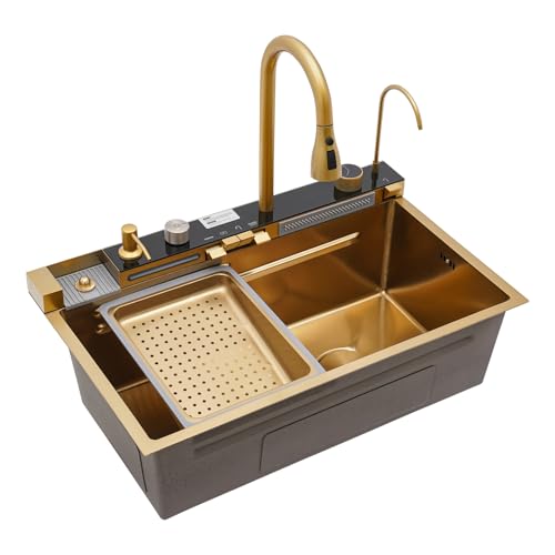 Küchenspüle Doppelspüle Edelstahl Spülbecken mit Abtropfkorb und Ausziehbarer Wasserhahn Spüle Einbauspüle Waschbecken für Zuhause Restaurant Gold 75 * 46 * 22cm von EUAIIPull