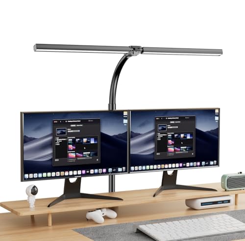 EUARY 1300LM Doppelkopf Schreibtischlampe（Schwarz） LED Dimmbar Fernbedienung, 24W 80CM Klemmbare Monitor Lampe Tischlampe Tageslichtlampe klemmbar desk für Homeoffice,lamp bürolampe schreibtisch von EUARY