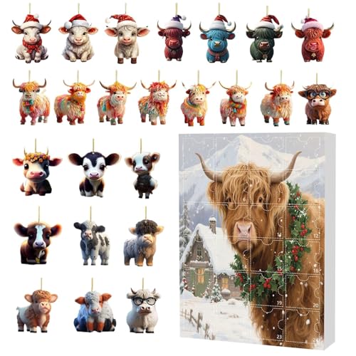 24 Tage Hochlandrind Weihnachts Adventskalender | 24 Türchen Mit Weihnachtsrind Schmuck | Flache 8x8cm Acrylornamente Für Auto Innenspiegel Baum Wand Tür Fenster Party Deko von EUBEISAQI