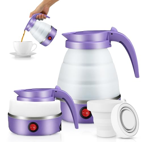 Camping Tragbarer Wasserkocher 600ML, EUBSWA Faltbarer Wasserkocher, Mini Elektrischer Silikon Wasserkessel für Camping, Reise, Outdoor (Lila) von EUBSWA