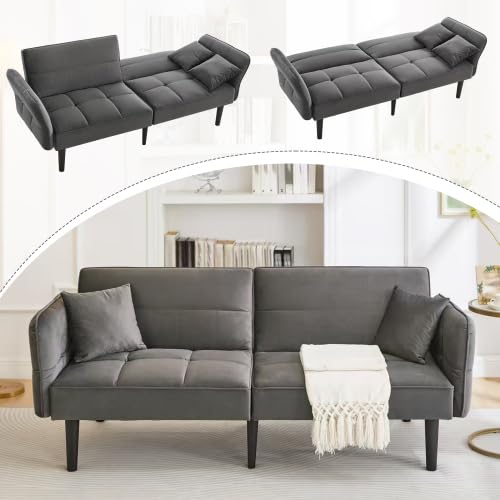 EUBSWA Schlafcouch Mit Schlaffunktion, 2-in-1 Schlafsofa Mit Verstellbarer Rückenlehne, Sofa 2 Sitzer Mit Klappbaren Armlehnen & Kissen, Klappsofa Mit Schlaffunktion, Samtbezug, 176x78x76cm von EUBSWA