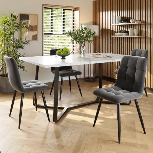 Esstisch Mit 4 Stühlen, Esszimmertisch Mit 4 Stühlen Set, Küchentisch, Dining Table Set 4 Chairs, Esstisch-Set (5-Teilig), Marmorierte Tischplatte, Schwarze Tischbeine, Graue Samt-Esszimmerstühle von EUBSWA