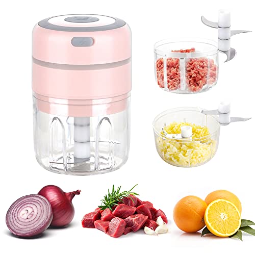 Mini Elektrisch Knobhacker Zwiebel Zerkleinerer, Multizerkleinerer Chopper 250ML & 100ML für Fleisch, Gemüse, Obst, USB Aufladbare (Rosa) von EUBSWA