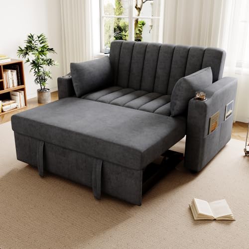 Schlafsofa Umwandelbar, Schlafcouch Mit Schlaffunktion, Doppelsofa Mit Verstellbarer Rückenlehne, 2 Sitzer Sofa Mit Getränkehalter Und Kissen, Für Wohnzimmer, Schlafzimmer, Cotton, 136 X 162 X 84cm von EUBSWA