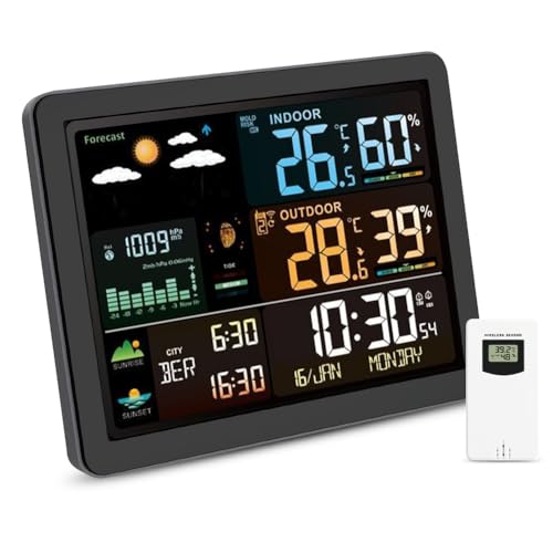 Wetterstation Funk Thermometer mit Außensensor, Digital Funkuhr Innen und Außen Thermometer Hygrometer mit Wettervorhersage, Funkthermometer mit VA-Display für 330°Ablesbarkeit Wetterstation Funk Thermometer mit Außensensor, Digital Funkuhr Innen und Außen Thermometer Hygrometer mit Wettervorhersage, Funkthermometer mit VA-Display für 330°Ablesbarkeit von EUBSWA