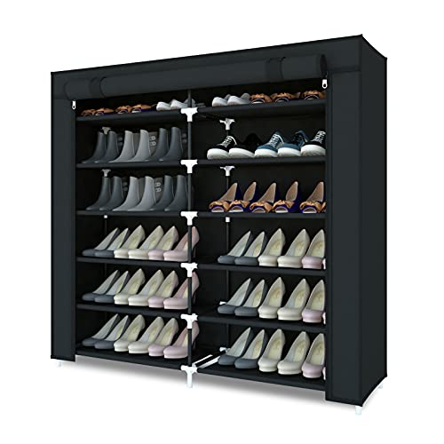 EUEIQCBZ 6 Tier Canvas Schuhregal Organizer für 36 Paar Schuhe mit staubdichtem Abdeckungsschuhschrank für Wohnzimmer Flur 110 cm x 115 cm x 30 cm Schwarz von EUEIQCBZ
