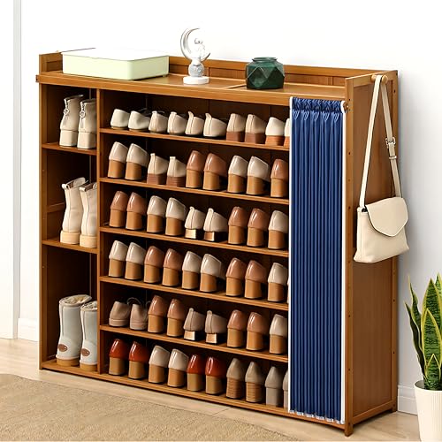 EUEIQCBZ 7 Tier Bambusschuhschrank mit Kofferraumabteil freistehender Schuhspeicher für 60 65 Paare Multifunktionales Schuhregalregal (123 x 33 x 115 cm) von EUEIQCBZ