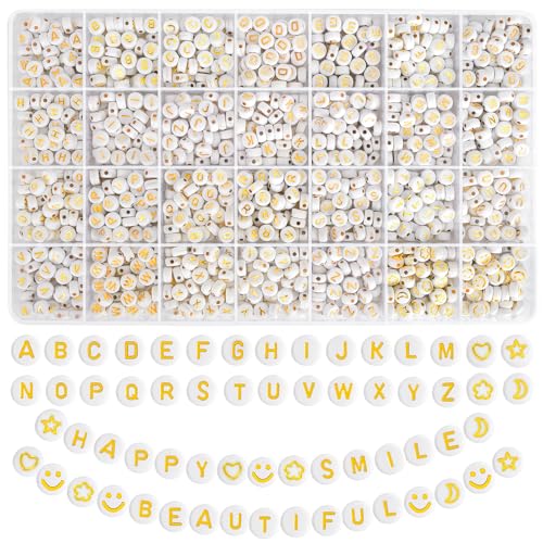 EUES 2000 Stück Goldene Alphabet Perlen,7mm A-Z Buchstabenperlen zum Armbänder,Rund Buchstaben Perlen für Auffädeln,Buchstaben Perlen Set für Schmuckherstellung DIY Armbänder Halsketten Handwerk von EUES