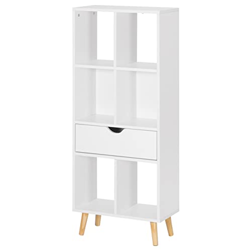 EUGAD Bücherregal Bücherschrank Raumteiler Aktenregal Aufbewahrungsregal Standregal mit Schublade mit Fußbeinen aus MDF, 6 Fächer, Weiß, 50x121x24cm 0012SHG von EUGAD