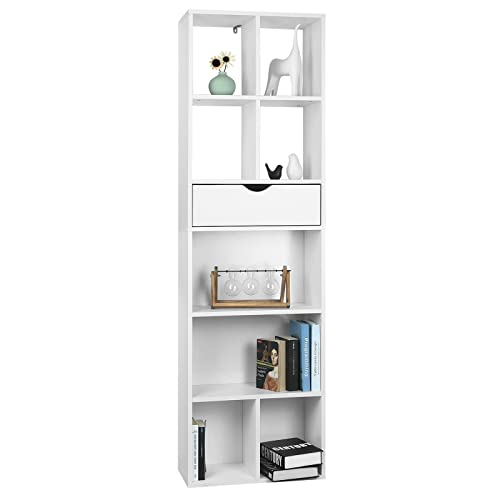 EUGAD Bücherregal mit Schublade, Standregal Weiß, freistehendes Aufbewahrungsregal, Büroregal, Raumteiler für Wohnzimmer Schlafzimmer, Weiß, 50x168x24cm 0013SHG von EUGAD