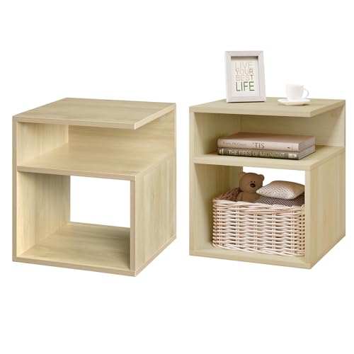 EUGAD 2er Set Nachttisch Hell Eiche, Beistelltisch mit 2 offene Fächer, 35x41,5x35 cm, Nachtkommode Nachtschrank für Boxspringbett, Platzsparender Nachttisch für Wohnzimmer Schlafzimmer, 0007CTG-2 von EUGAD