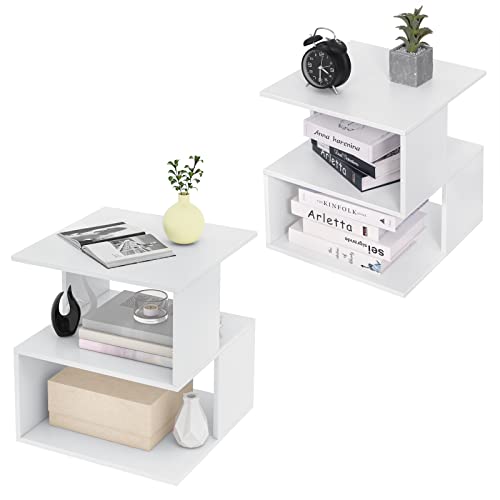 EUGAD 2er Set Nachttisch Weiß, Beistelltisch mit 2 Ablagen, kleines Bücherregal, Nachtschrank Nachtkommode Sofatisch für Schlafzimmer oder Wohnzimmer, 40x43,5x40 cm, 0166ZZ-2 von EUGAD