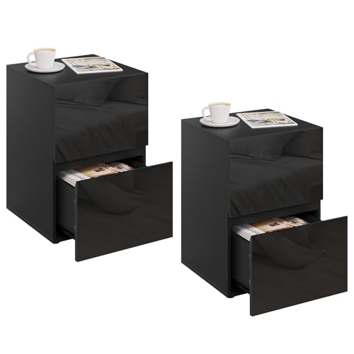 EUGAD 2er Set Nachttisch schwarz, Nachtschrank mit 2 Schubladen in Hochglanz, Moderne Nachtkommode für Boxspringbett, Beistelltisch Ablagetisch für Schlafzimmer Wohnzimmer, 40x58x40 cm, 0013CTG-2 von EUGAD