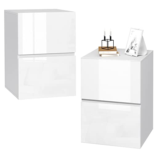 EUGAD 2er Set Nachttisch weiß, Nachtschrank mit 2 Schubladen in Hochglanz, Moderne Nachtkommode für Boxspringbett, Beistelltisch Ablagetisch für Schlafzimmer Wohnzimmer, 40x58x40 cm, 0182ZZ-2 von EUGAD