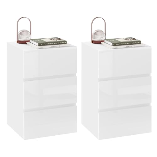 EUGAD 2er Set Nachttisch weiß, Nachtschrank mit 3 Schubladen in Hochglanz, Moderne Nachtkommode für Boxspringbett, Beistelltisch Ablagetisch für Schlafzimmer Wohnzimmer, 40x35x62cm von EUGAD