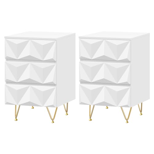 EUGAD 2er Set Nachttische mit 3 Schubladen mit 3D-Effekt gestaltet, Beistelltisch Nachtschrank Nachtkommode 40x62,5x40 cm, für Boxspringbett Schlafzimmer, dekorativ, Weiß + Gold, 0004CTG-2 von EUGAD