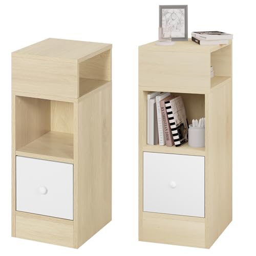 EUGAD 2er Set Nachttische schmal mit 2 offenen Ablagen 1 Schublade, schmaler Kleiner Nachtschrank im Schlafzimmer, 25x66x30 cm, Nachtkästchen Platzsparend, Holz, Hell Eiche, 0192ZZ-2 von EUGAD