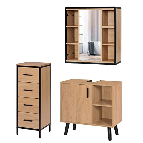 EUGAD Badezimmer Badmöbel Set Waschbeckenunterschrank Unterschrank Badezimmerschrank mit Spiegelschrank Hängeschrank für Bad Kommode mit 4 Schubladen Metall + Holz Model 14 von EUGAD