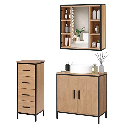 EUGAD Badezimmer Badmöbel Set Waschbeckenunterschrank Unterschrank Badezimmerschrank mit Spiegelschrank Hängeschrank für Bad Kommode mit 4 Schubladen Metall + Holz Model 8 von EUGAD