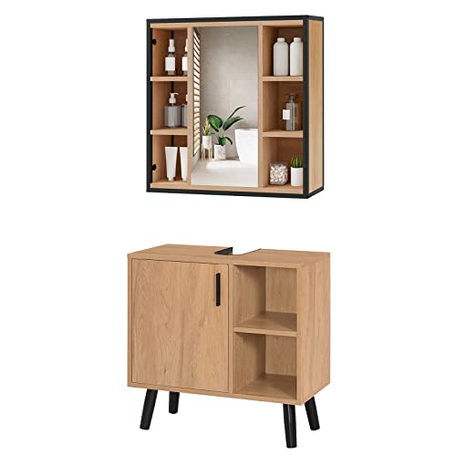 EUGAD Badezimmer Badmöbel Set Waschbeckenunterschrank Unterschrank Badezimmerschrank mit Spiegelschrank Metall + Holz Model 18 von EUGAD