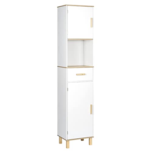 EUGAD Badezimmerschrank,Hochschrank, Badschrank mit 5 Fächern 1 Schublade, weiße Kommode im Badezimmer, Schrank mit verstellbaren Trennwänden, weiß 40x180x30 cm von EUGAD