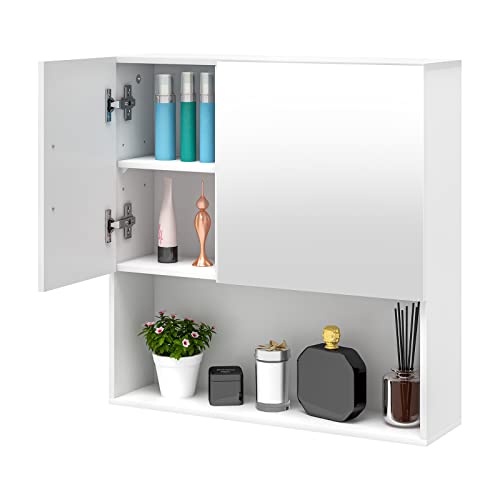 EUGAD Badezimmerschrank mit Spiegel, Spiegelschrank mit Tür Metallscharnieren, Schrank mit 5 Fächern 2 verstellbaren Trennwänden, Hängeschrank aus E1-MDF, Weiß, 54x55x15 cm von EUGAD