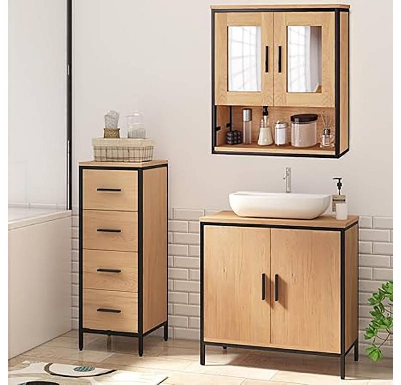 EUGAD Badmöbel-Set, (3-St), Badschrank mit 2 Spiegeln, Beistellschrank mit 4 Schubladen von EUGAD