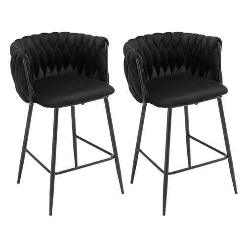 EUGAD Barhocker 2er Set, hoher Hocker Samt, Barstuhl mit gewebter Rückenlehne, gepolsterter Küchenhocker mit Fußstütze, Bistrohocker Tresenhocker, für Bar Café Küche Wohnzimmer, Schwarz, 1081BY-2 von EUGAD