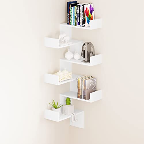 EUGAD Eckregal für Wand, Wandregal mit 6 Ebenen, schwebendes Regal Bücherregal Wandboard, Schweberegal Dekofür Wohnzimmer Schlafzimmer Küche Büro, modern weiß von EUGAD