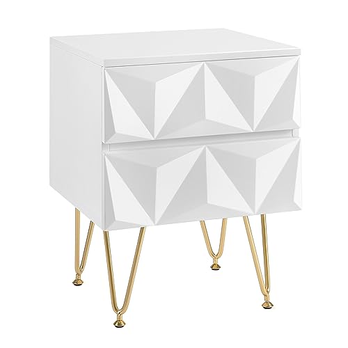EUGAD Nachttisch mit 2 Schubladen mit 3D-Effekt gestaltet, Beistelltisch Nachtschrank Nachtkommode, 40x53x40 cm, für Boxspringbett Schlafzimmer Wohnzimmer, dekorativ, Weiß + Gold, 0001CTG von EUGAD