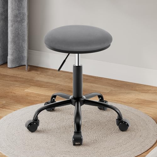 EUGAD Rollhocker höhenverstellbar, Drehhocker mit Rollen, runder Hocker 360° drehbar, Bürohocker für Arbeitszimmer, Salon, Samt, Dunkelgrau von EUGAD
