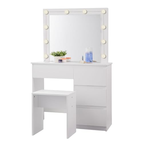 EUGAD Schminktisch mit Beleuchtung Spiegel Frisiertisch mit Hocker Nachttisch mit 4 Schubladen Große Tischplatte 90x40cm, Modern Kosmetiktisch für Schlafzimmer, Weiß 0029SZT EUGAD Schminktisch mit Beleuchtung Spiegel Frisiertisch mit Hocker Nachttisch mit 4 Schubladen Große Tischplatte 90x40cm, Modern Kosmetiktisch für Schlafzimmer, Weiß 0029SZT von EUGAD