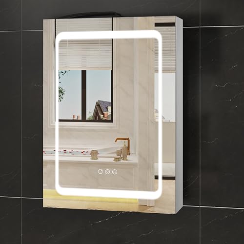 EUGAD Spiegelschrank Bad mit Beleuchtung, mit Steckdose Glasablagen, Badezimmerschrank mit Spiegel, verstellbare Helligkeit Lichtfarbe, beschlagfrei, aus Edelstahl Glas, 50x70x15 cm, silbern von EUGAD