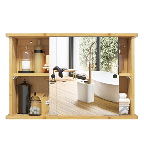 EUGAD Spiegelschrank für Bad, Badezimmerschrank mit Spiegeln, hängender Badschrank mit Schiebetüren, Hängeschrank für Badezimmer, mit Verstellbarer Ablage, aus Bambus, 55x35,5x14 cm von EUGAD