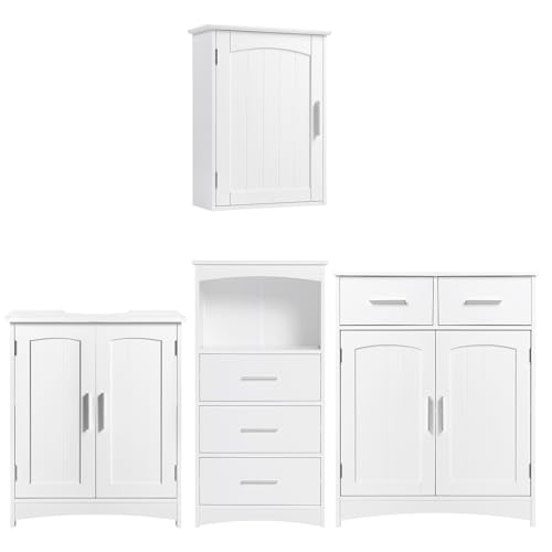 EUGAD Waschbeckenunterschrank, Unterschrank, Waschtischunterschrank, hängender Badezimmerschrank, Badschrank mit 2 Türen, mit 3 Schubladen 1 offenem Fach, mit 2 Schubladen Doppeltür, Weiß von EUGAD