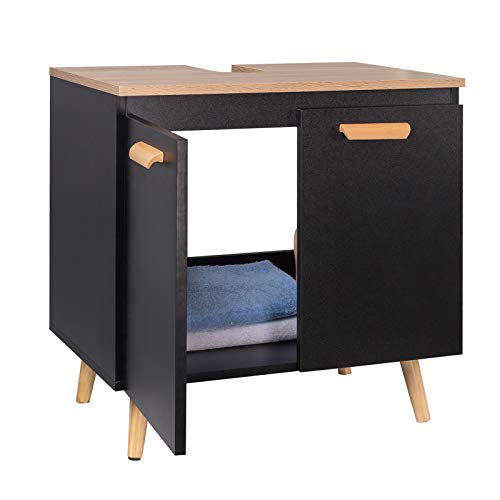 EUGAD Waschbeckenunterschrank Unterschrank Badezimmerschrank Waschtisch Badschrank Beistellschrank mit 2 Türe 60 x 40 x 60,5 cm Schwarz/Natur von EUGAD