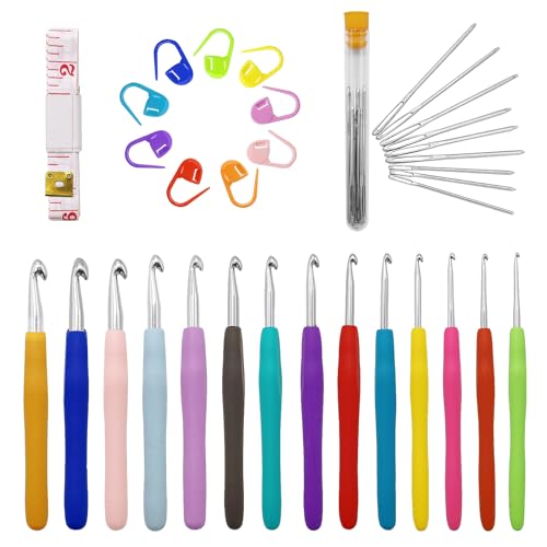 EUGENEKELLY 14 Stück (2.0mm-10.0mm) Bunte Häkelnadeln Set, Häkelnadel,Aluminium Häkel Set mit Nähnadeln, Maschenmarkierern und einem Maßband, Häkelset für Anfänger und Häkelliebhaber von EUGENEKELLY