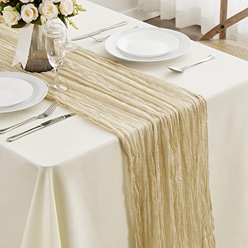 Beige Käsetuch Tischläufer-13.3Ft Boho Gaze Käsetuch Tischläufer 90 * 400cm Lang Romantischer Tischläufer für Hochzeit Braut Babyparty Geburtstagsfeier Tischdekoration von EUHAMS
